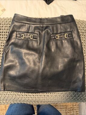 7 For All Mankind Black Faux Leather Mini Skirt with Gold Hardware Accents